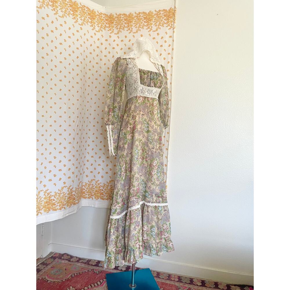 Rare 70s Gunne Sax Lace Hood Floral Prairie Maxi Dress Size 9 - Picture 6 of 14